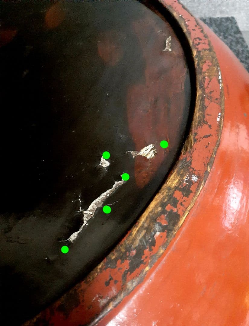 【古民芸】明治時代頃　本天然木　くり貫き　朱漆塗り　42.9cm　こね鉢　盆