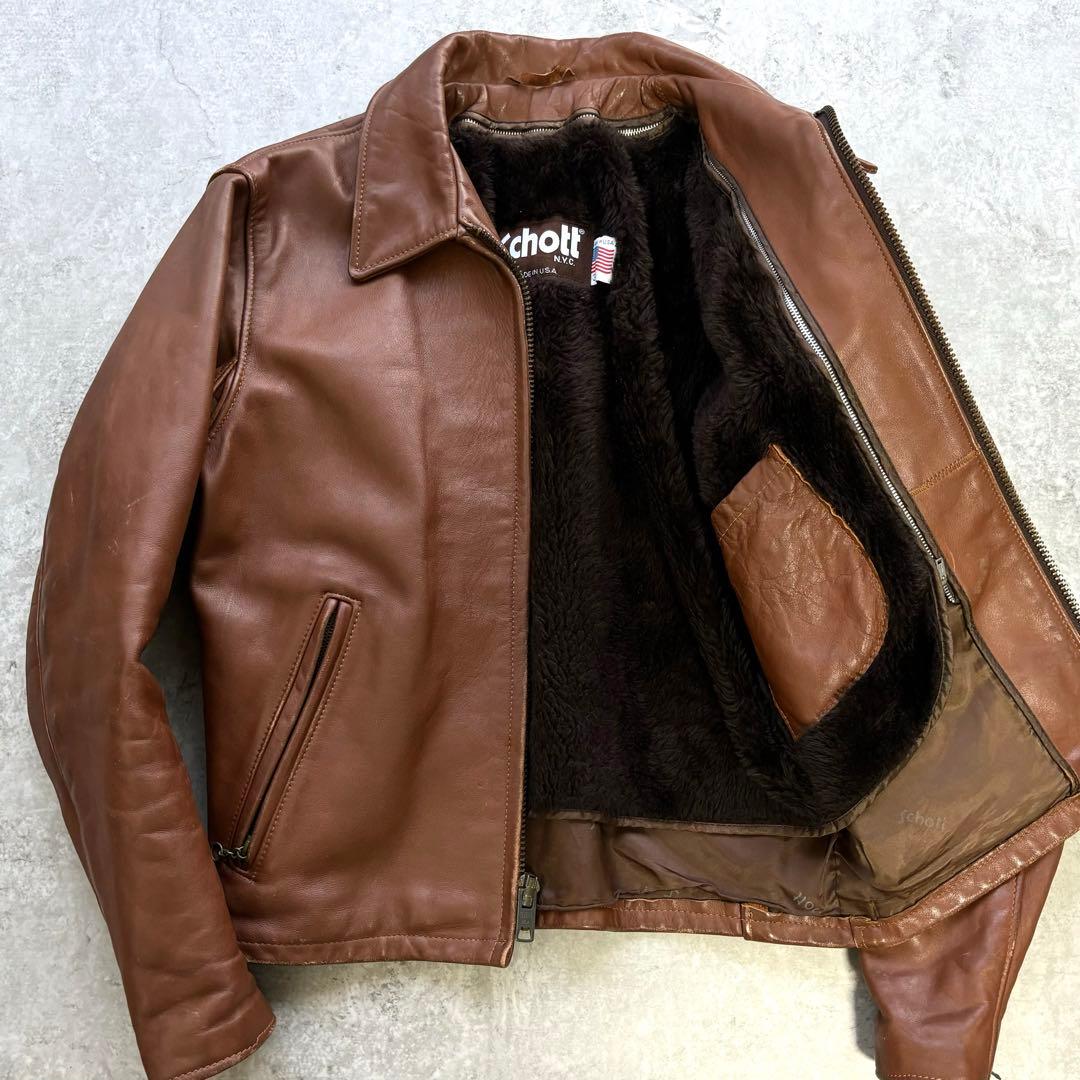 36】Schott ショット ボアライナー レザージャケット 本革 ブラウン