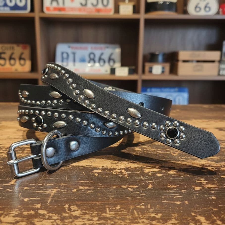 フラワー黒■本革レザーフルスタッズナローベルト☆アメカジ古着ヴィンテージキムタク フラワー黒□本革レザーフルスタッズナローベルト☆アメカジ古着