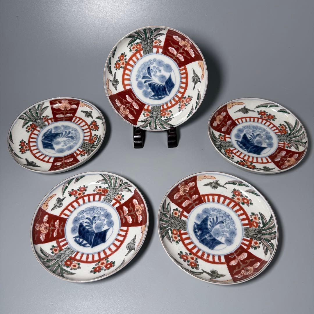 古伊万里 赤絵花鳥図五寸皿 五客 裏巻物文 直径15.5cm 古器を楽しむ