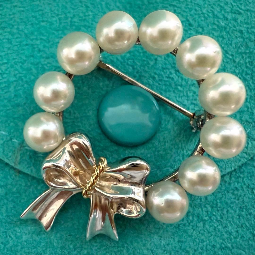 ティファニー925/750アコヤパールリボンリースブローチ　共箱付き