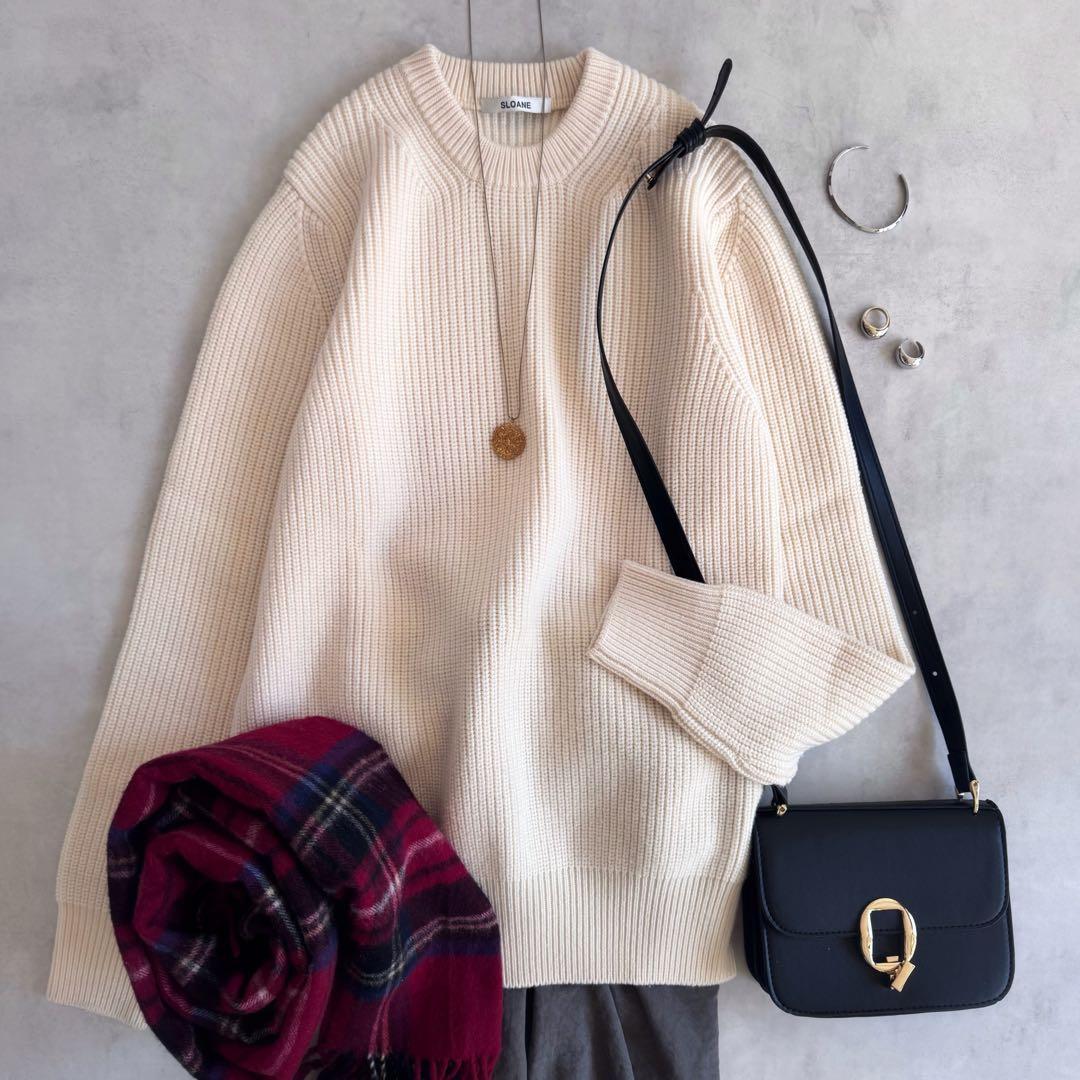 極美品▲SLOANE スローン クルーネックニット オフホワイト サイズ4 XL SLOANE(スローン)｜18Gワイドリブ エクストラファインメリノウール