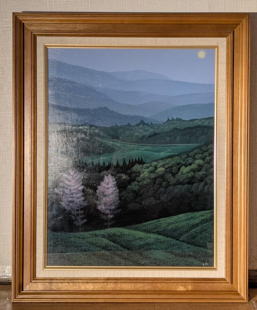 【真作】絵画　上代誠　油彩10号　春の月　幻想的風景　箱・黄袋入　Z80