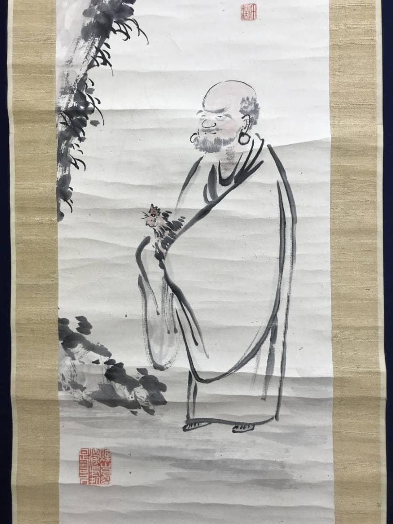 真作/田能村直入/達磨に鶏画賛/ダルマ図/人物図/掛軸/名家伝来/AE-197