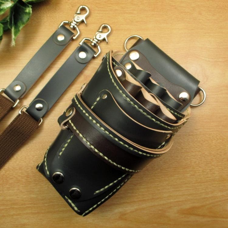 ダークグリーン＆焦げ茶 6丁差し 本革シザーケース SCA-100/CGC