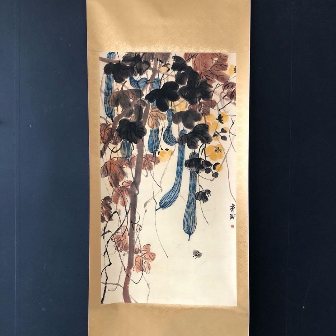 斉白石 絲瓜図 掛け軸 三尺中堂 中国書画 客間 書斎 茶室 174×77cm