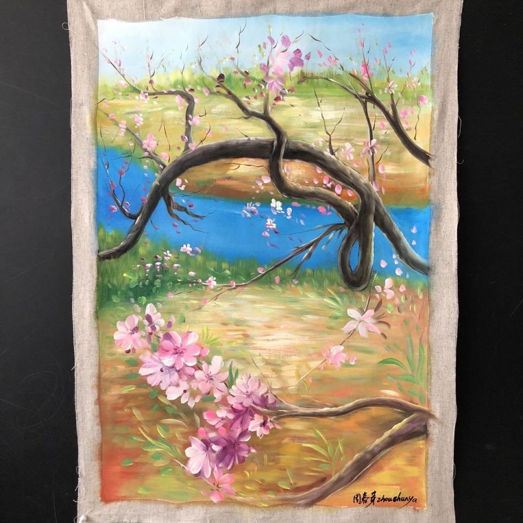 周春芽 桃花 図 純手描き 油画 中国現代絵画 約100×70cm 未表装