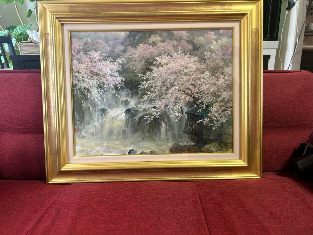 徐波氏　滝と桜の油彩画 大きめのフレーム