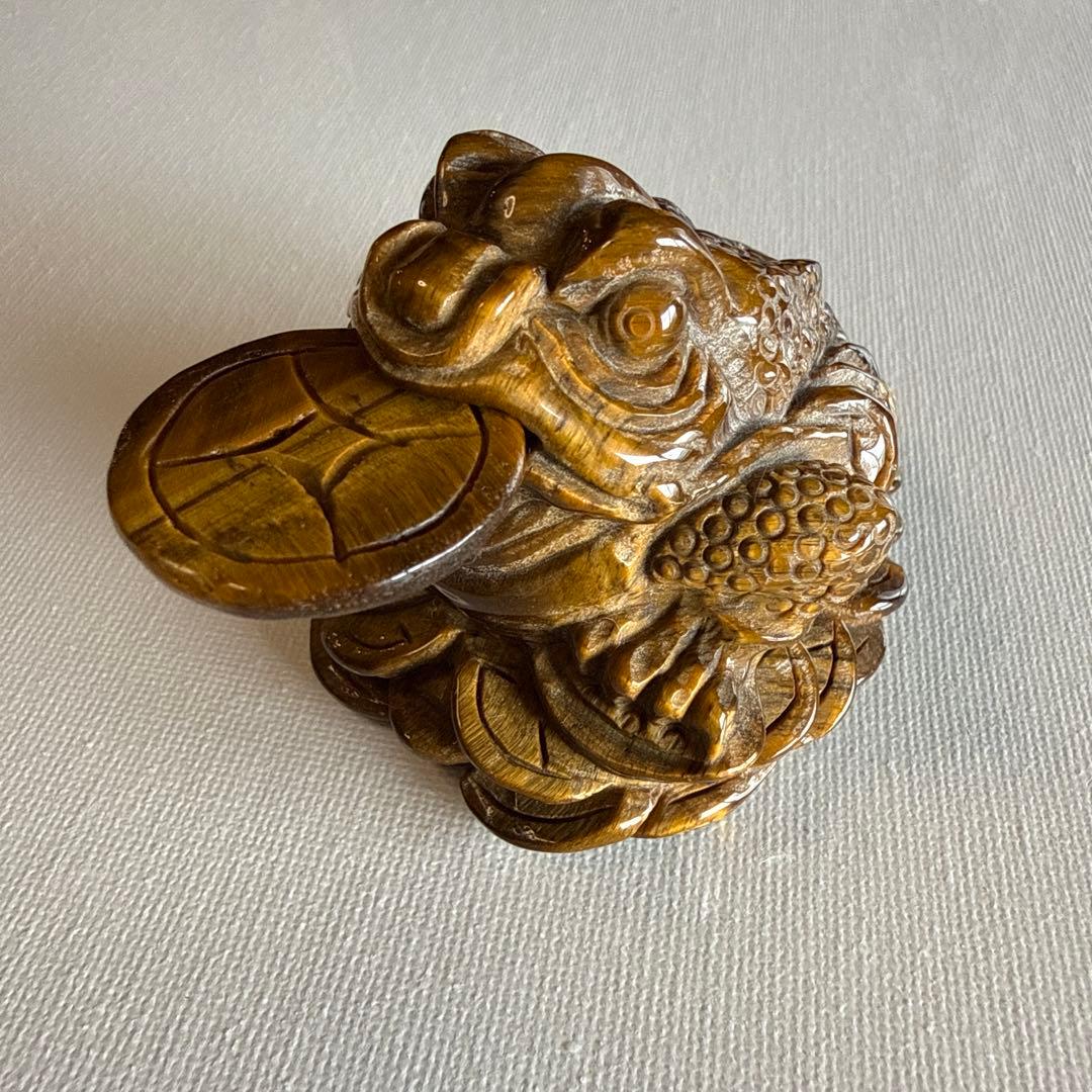 ハイクオリティ タイガーアイ マネーフロッグ（銭蛙）付き 約10cm