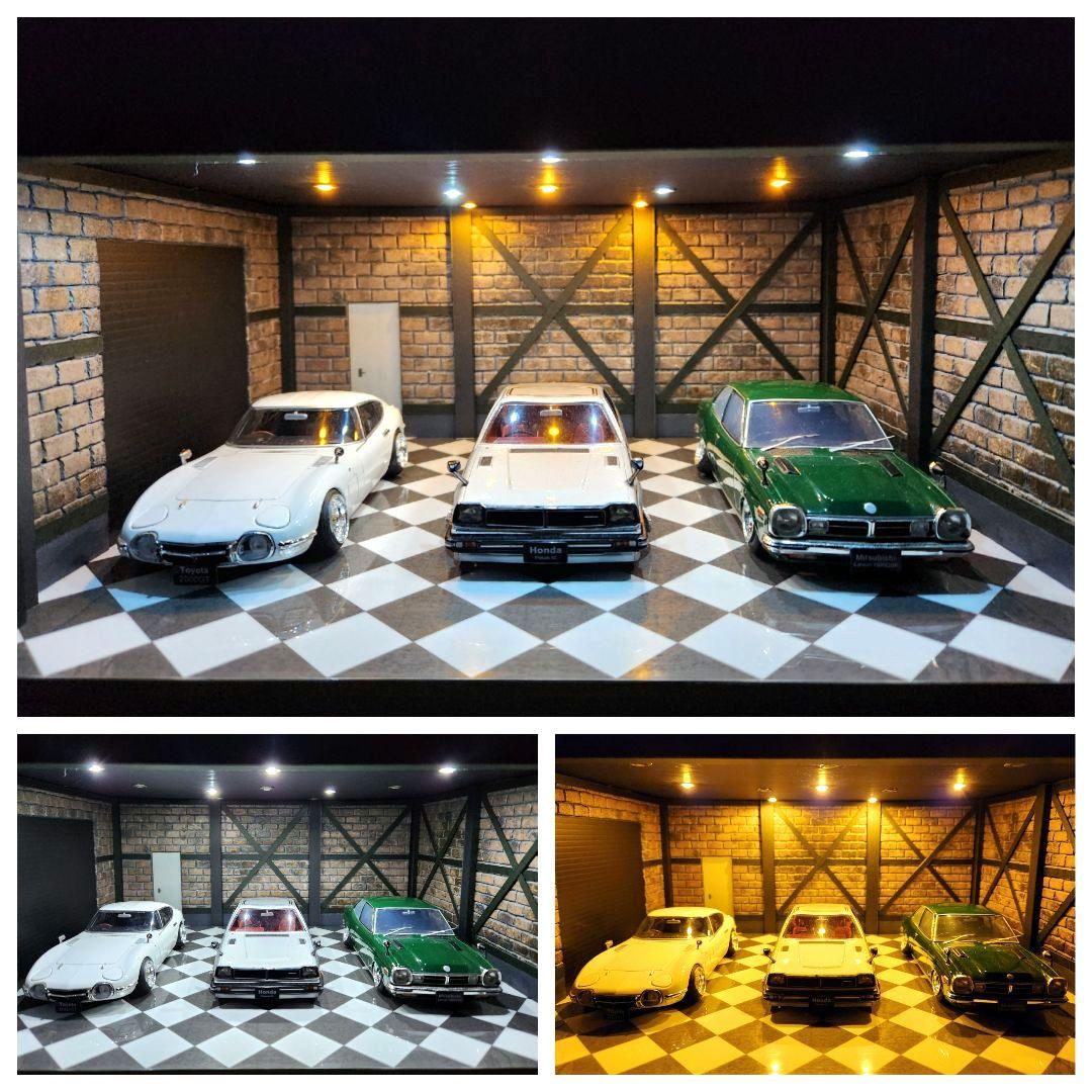 1/24 2色LED照明 ミニカー ガレージ ジオラマ ショーケース 完成品