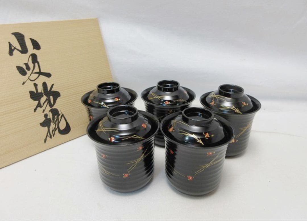 ほぼ未使用 懐石道具 黒塗 金彩蒔絵 箸洗5客揃 小吸物椀 汁椀 共箱