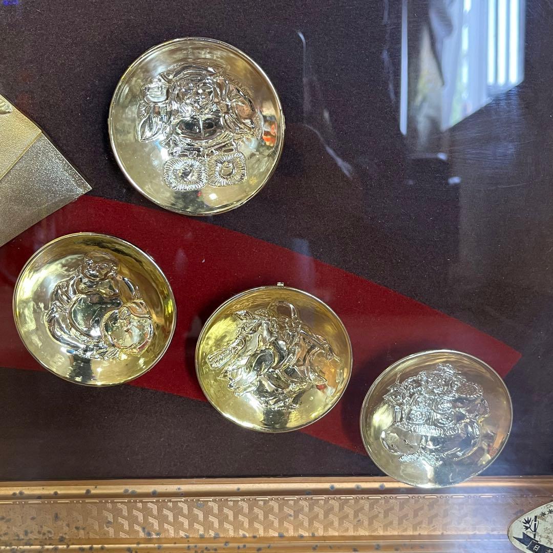 アンティーク】昭和レトロ 額装 額縁 七福神 扇 金杯 24KGP 壁掛け飾り