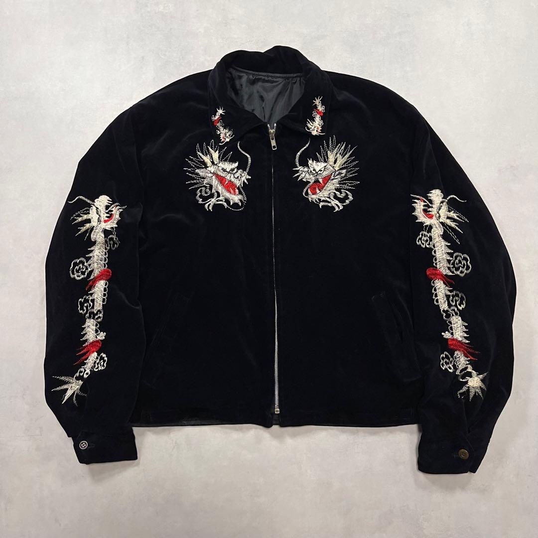 80s 別珍 スカジャン スーベニアジャケット ベロア 龍 刺繍 袖