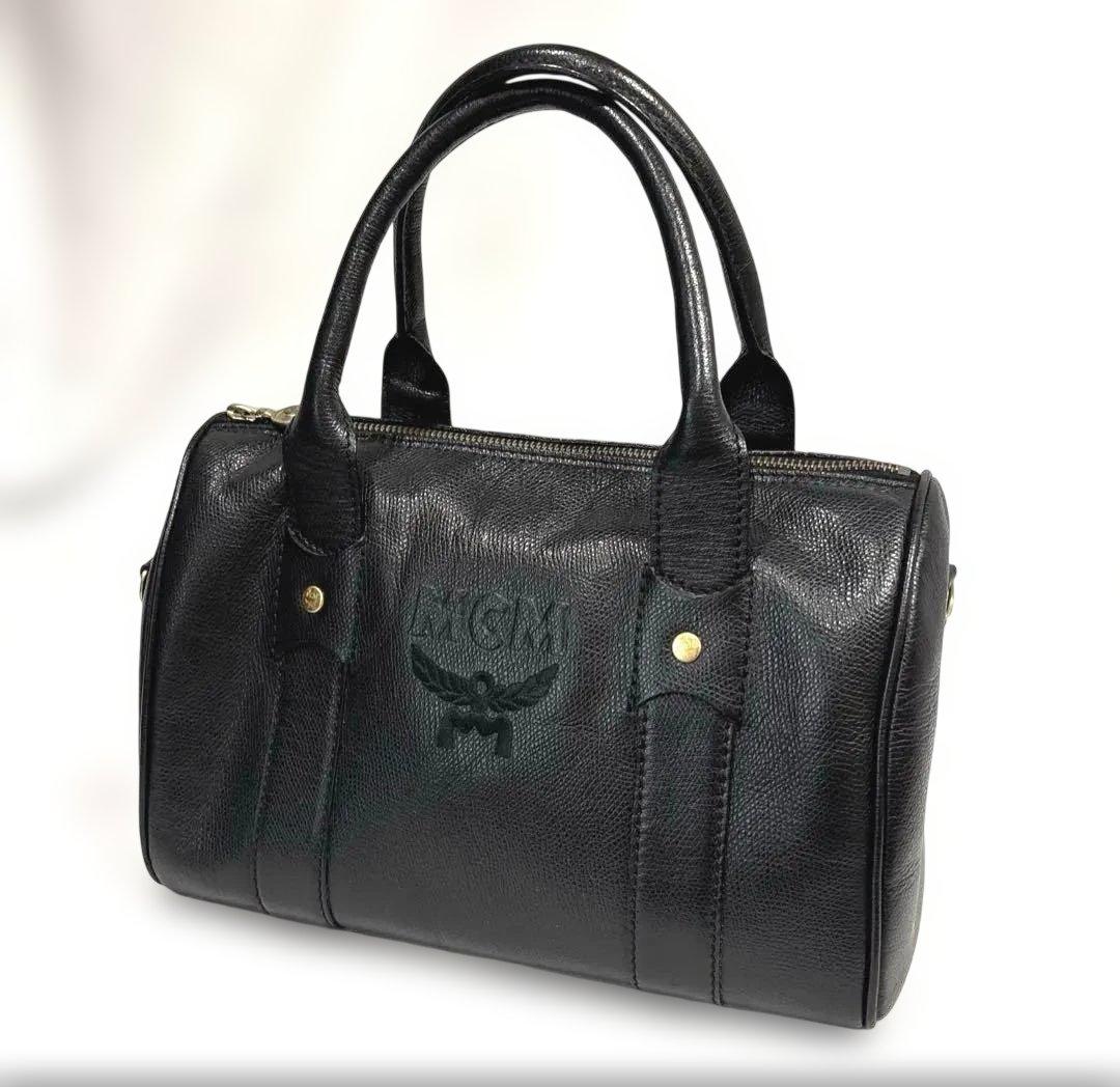 美品MCM エムシーエムミニボストンバッグブラックハンドバッグ旅行カバン