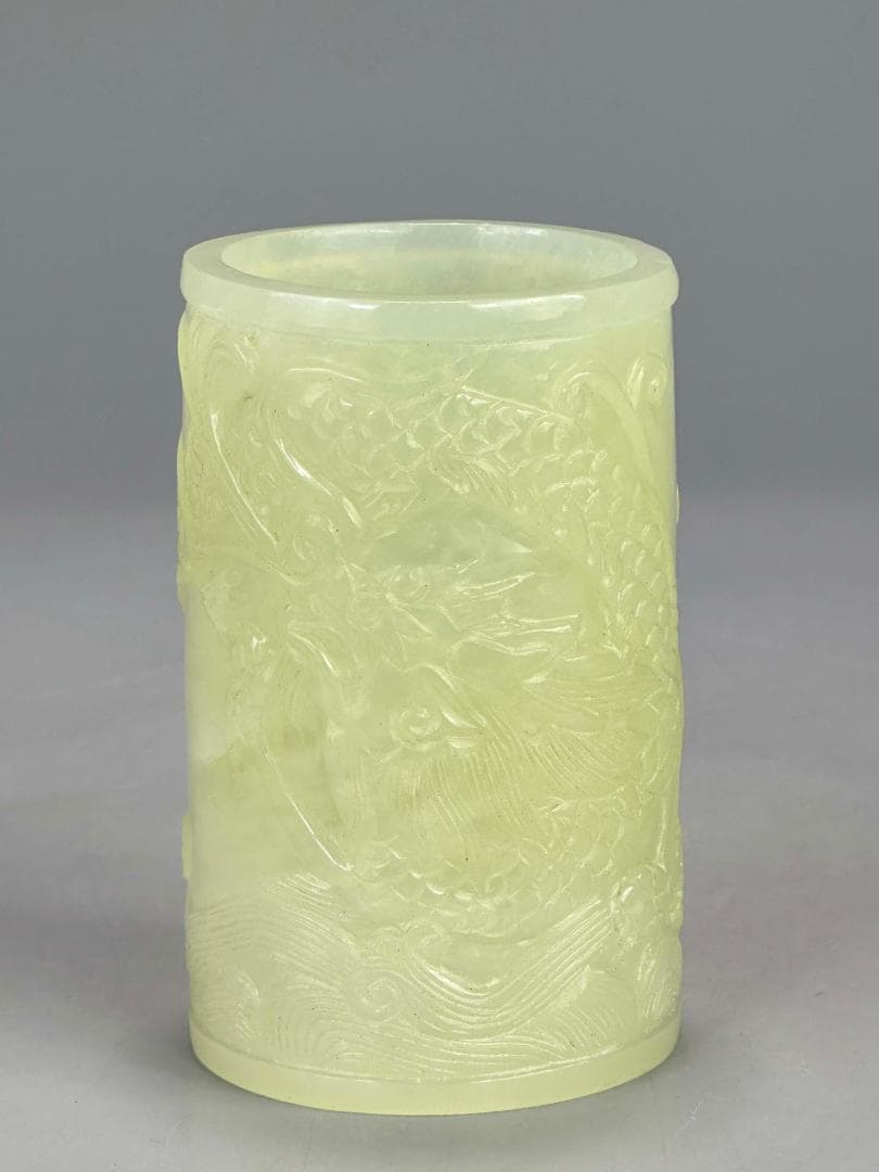 中国美術　玉石製　書道具　文房具　龍文筆筒　玉筆筒　唐物