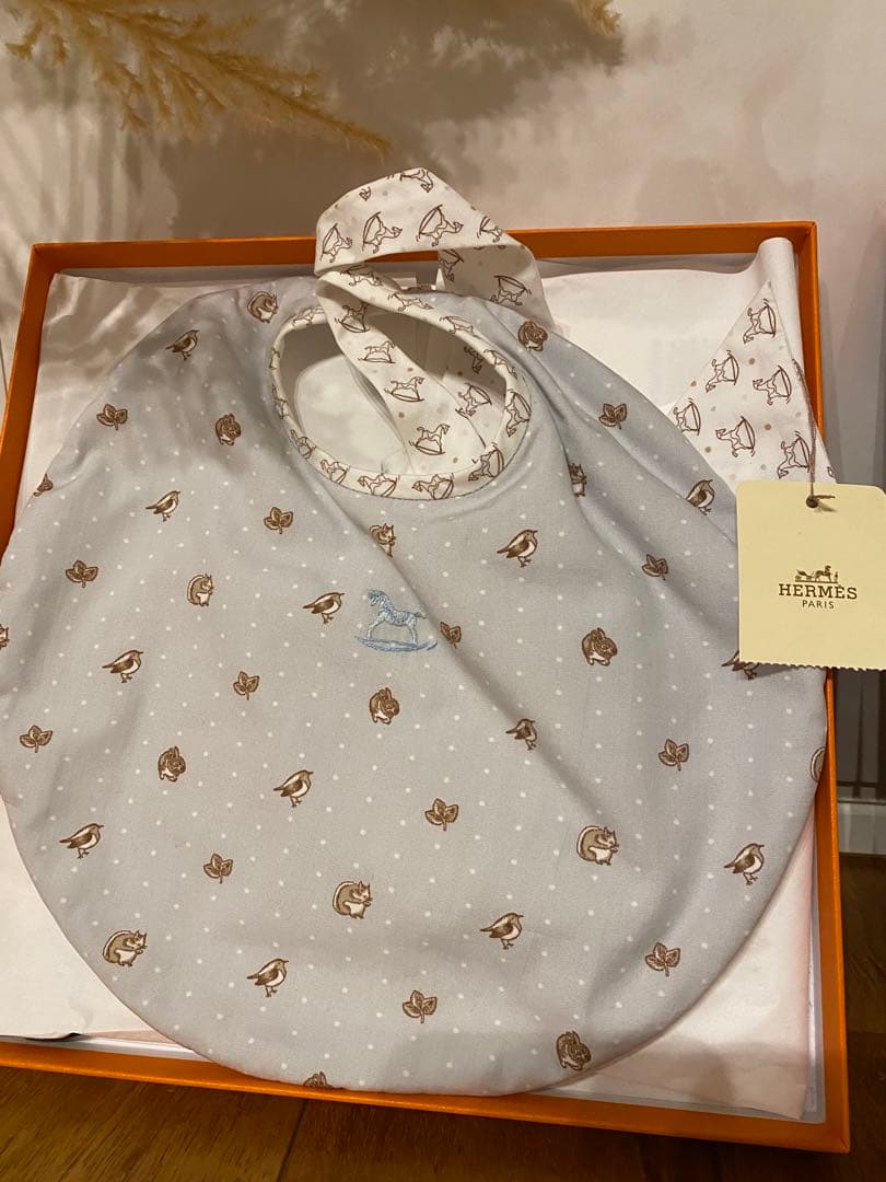 HERMES エルメスコットンよだれかけスタイベビーリバーシブル馬新品未