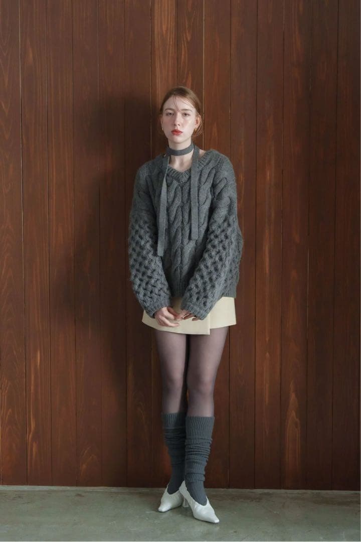 acka. neck details cable knit ニット グレー NAVY ニット セーター レディース フェイクレイヤード ケーブル編み