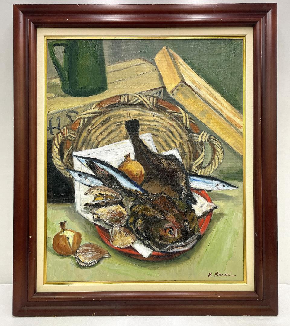 真作保証 河合キヨ子『アンコウのいる静物（不明）』直筆サイン入り 肉筆 油彩画 真作保証 河合キヨ子『アンコウのいる静物（不明）』直筆サイン入り