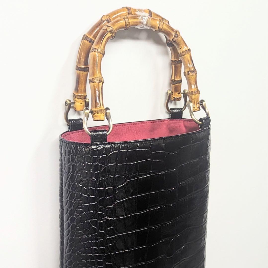 牛革クロコ型押し バンブー手提げ 黒色 ◇神輿 祭り バッグ 竹手 合切