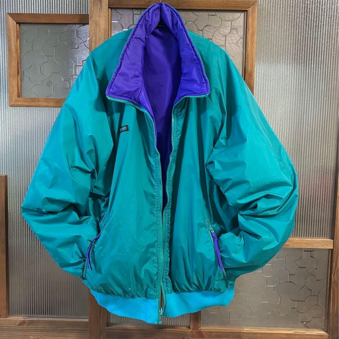 80s US古着 コロンビア リバーシブル 中綿ナイロンジャンパー XL 緑.紫