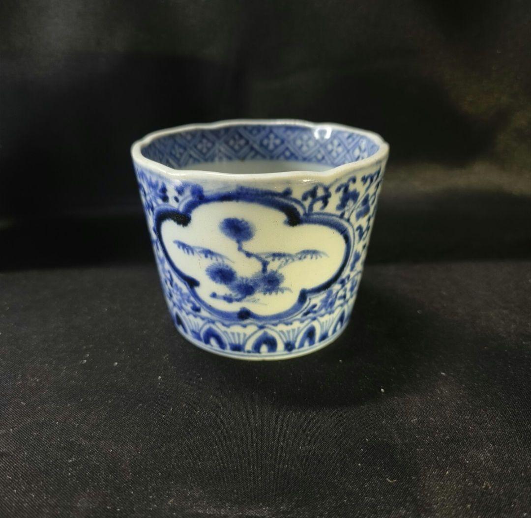 古伊万里 染付蕎麦猪口 唐草紋 富貴長春 初期伊万里？手描き コレクター放出美品