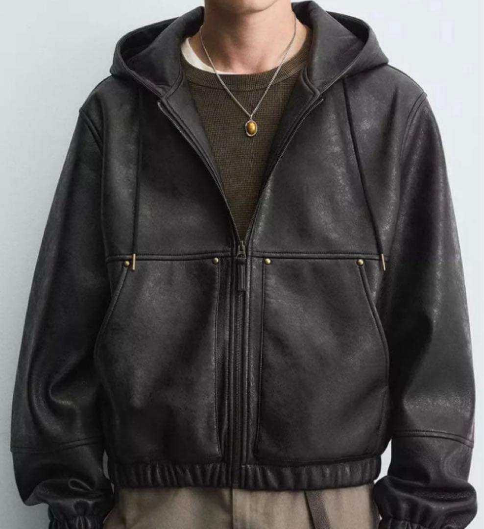 zara（ザラ）フェイクレザー フーデッド ジャケット - メルカリ