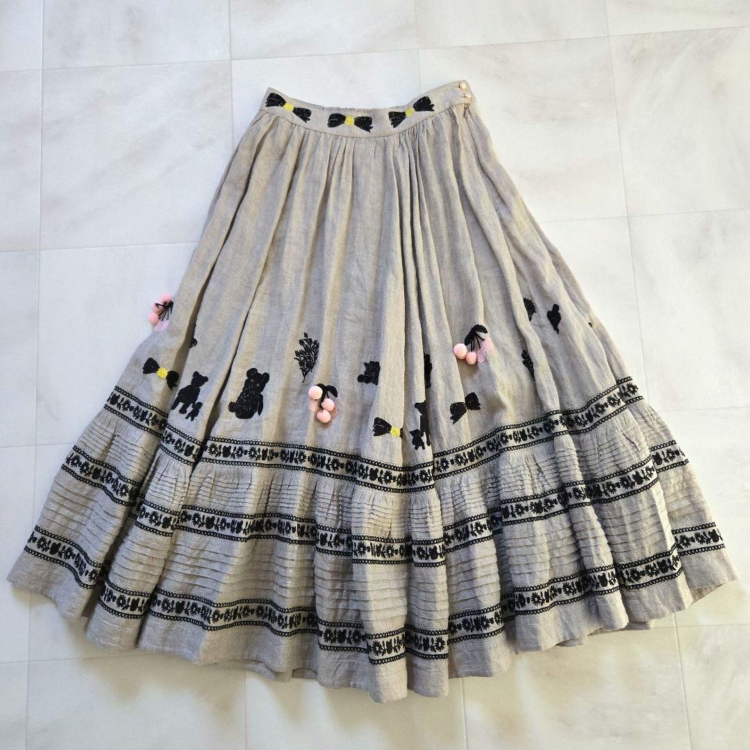 yukiemon ユキエモン リネン ピンタック 刺繍 ロング スカート M