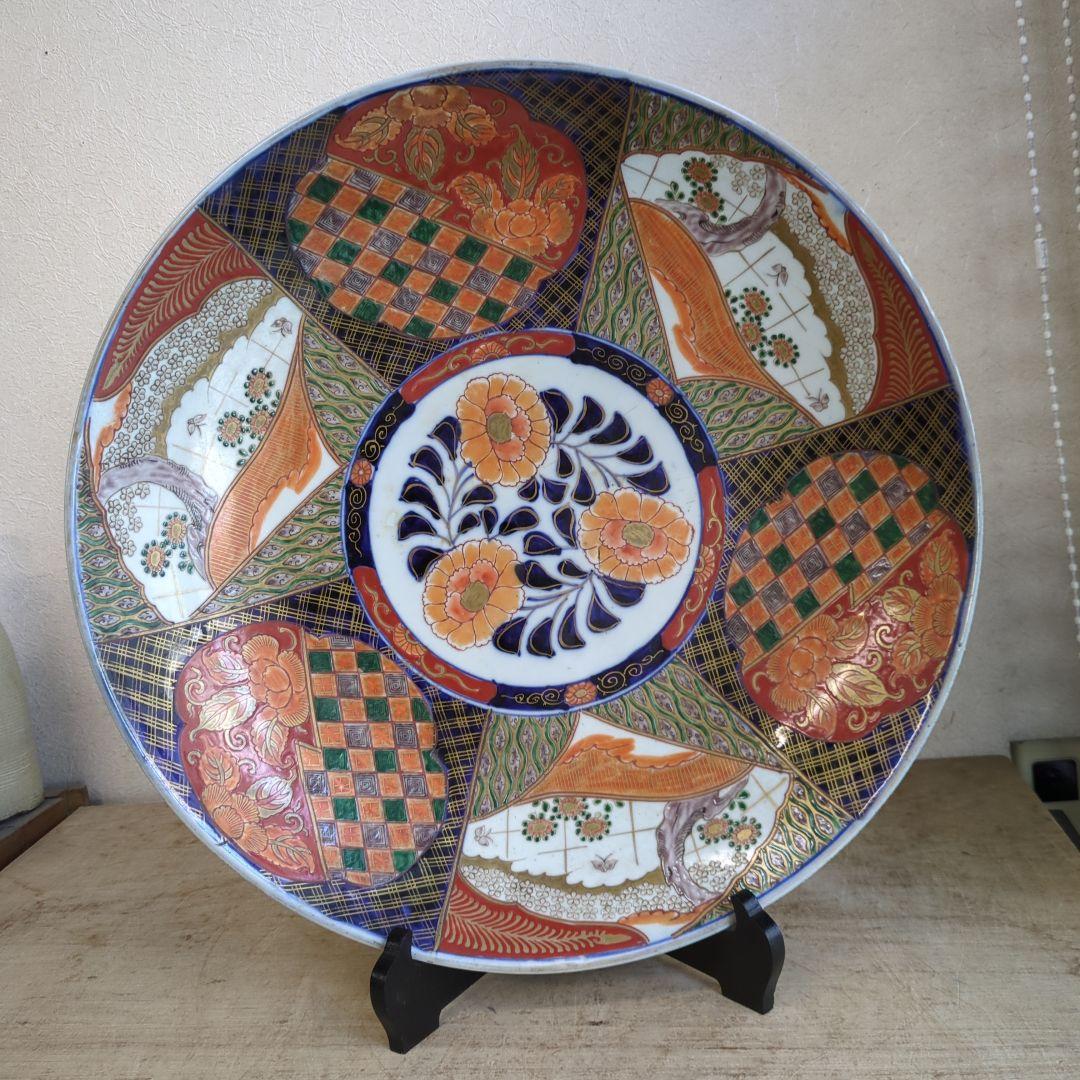骨董 伊万里 直径45.7cm 大皿 染め錦 飾り皿 盛り皿 明治時代