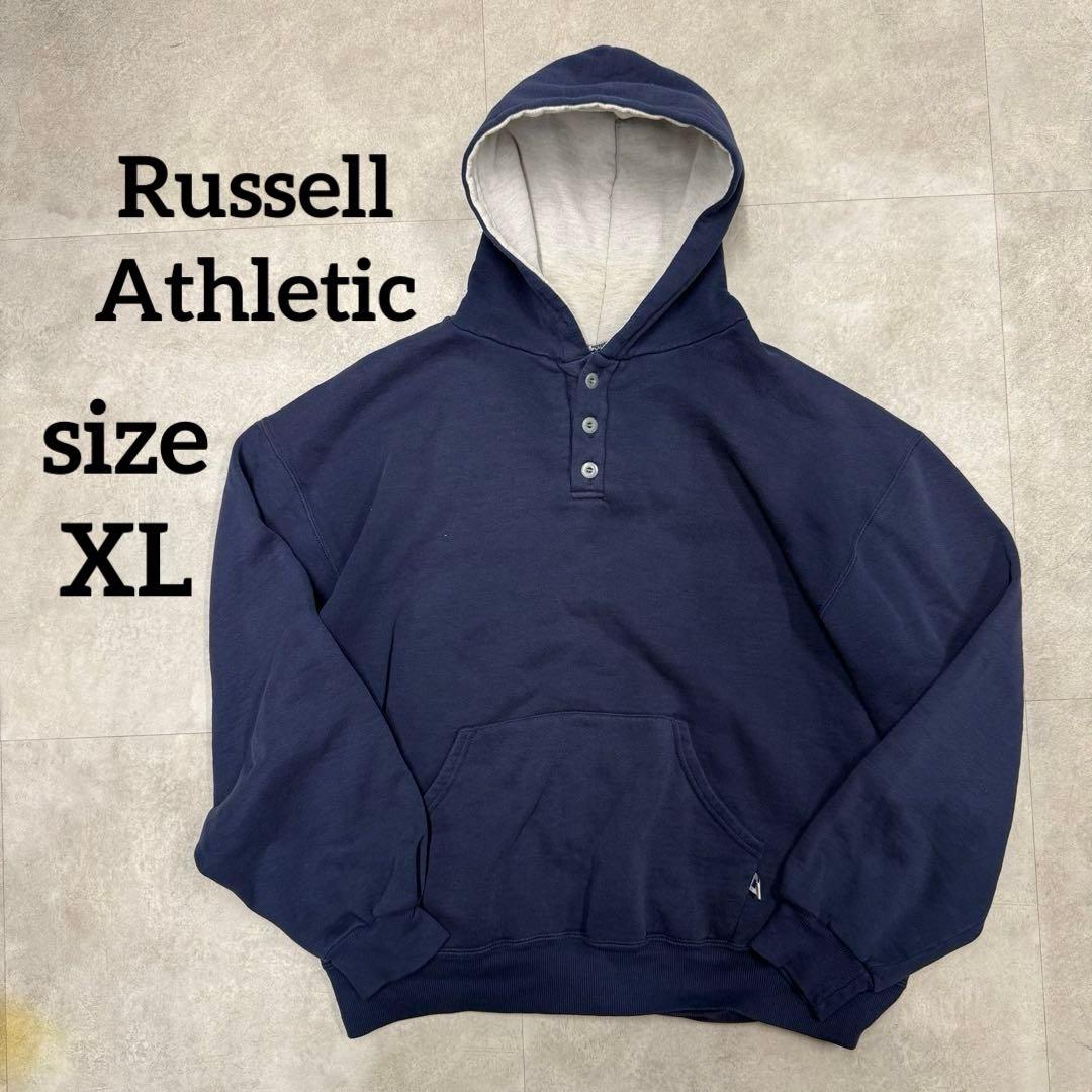 【希少・USA製】90s ラッセルアスレティック ヘンリーネックパーカー紺 XL