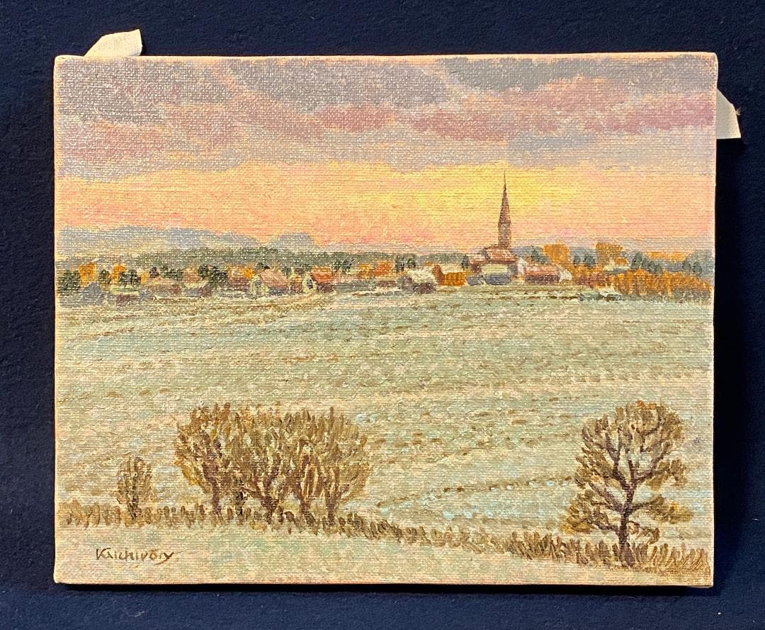 真作」山田嘉一郎「暮れゆくチャペル」風景画 絵画 油彩画 直筆サイン