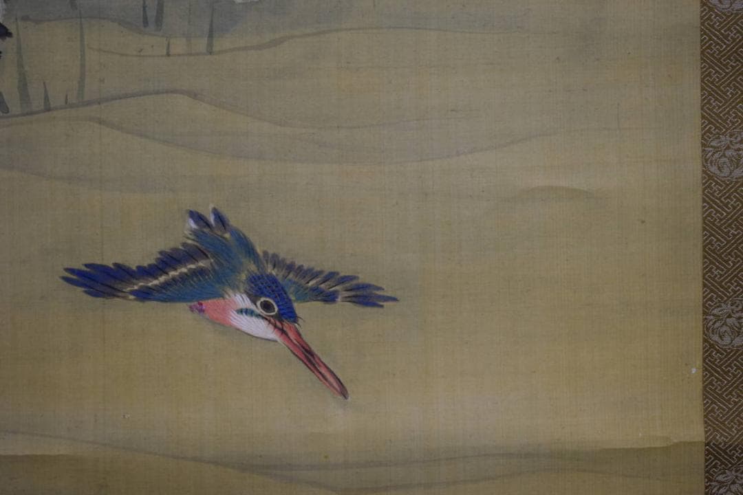 真作/佐伯岸岱/花鳥の図/佐伯岸駒の長男/桐題箱付/布袋屋掛軸HH-529