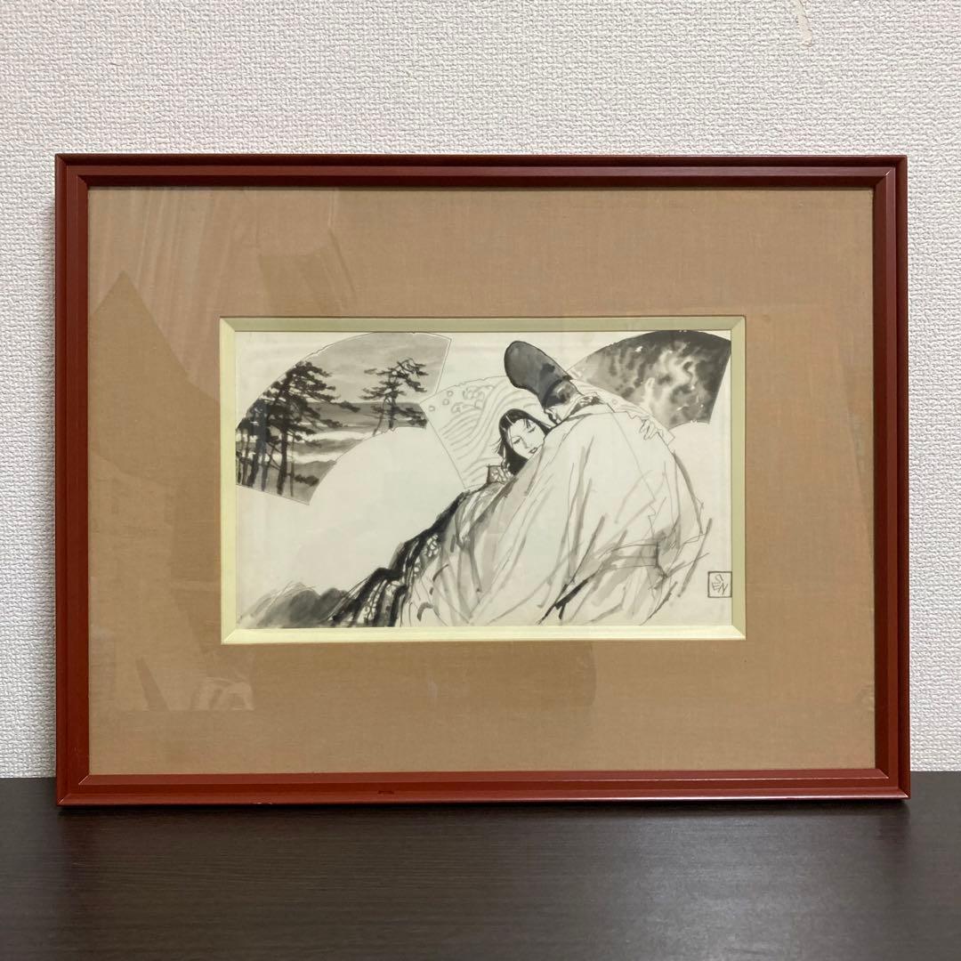 真作保証】岩田専太郎「新源氏物語」真筆原画 直筆サイン 画廊シール