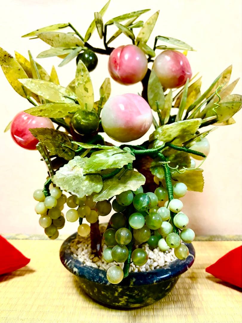 中国芸術 翡翠 玉 桃 盆栽 オブジェ 高さ約32cm程度 - メルカリ