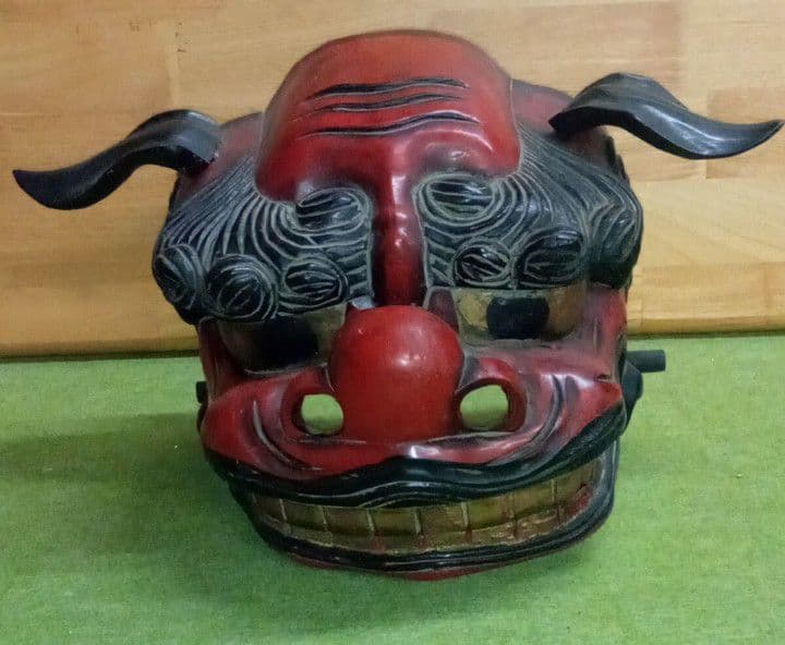 獅子頭 雄型 木製 木彫り 時代物 アンティーク 置物 縁起物