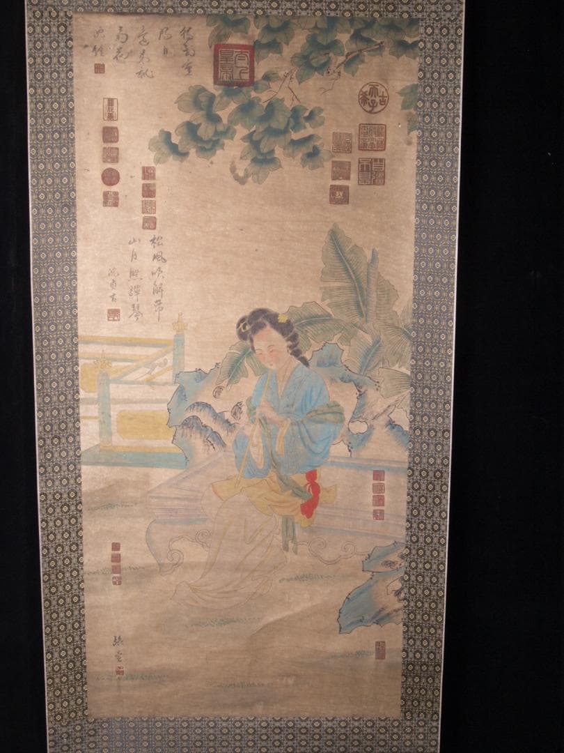 骨董掛け軸】遊春図 中国张萱 唐時代 肉筆保證 掛け軸AK688A12-2