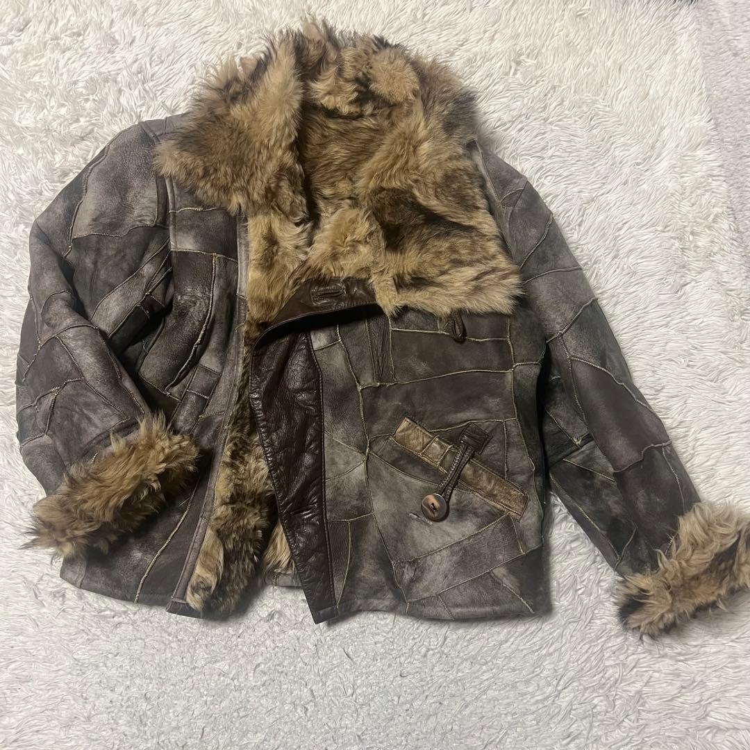【希少】ヴィンテージ　リアルムートンジャケットコート　パッチワーク　羊革　メンズ リアルムートンジャケット Mサイズ位 羊革 リアルムートンコート 古着