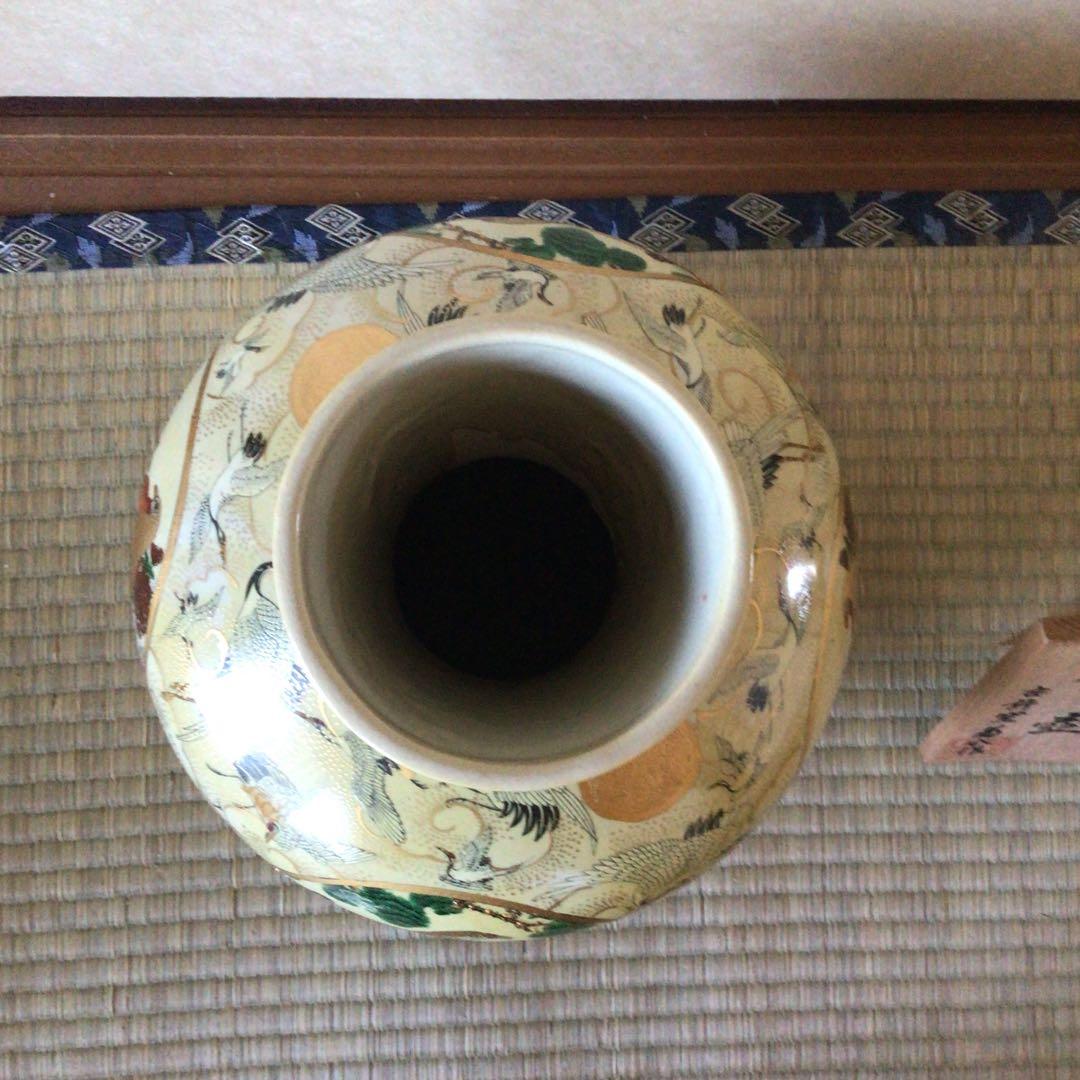 薩摩焼 白薩摩金欄手染錦群鶴花鳥図花瓶 飾壷 骨董薩摩焼 白薩摩金欄手