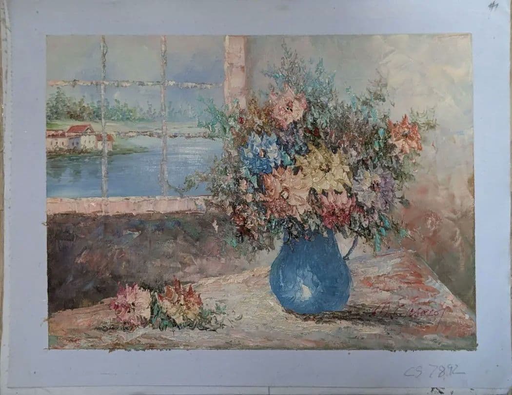窓辺の花束」油彩原画 32×42cm インプレッショニズム風 厚塗り技法