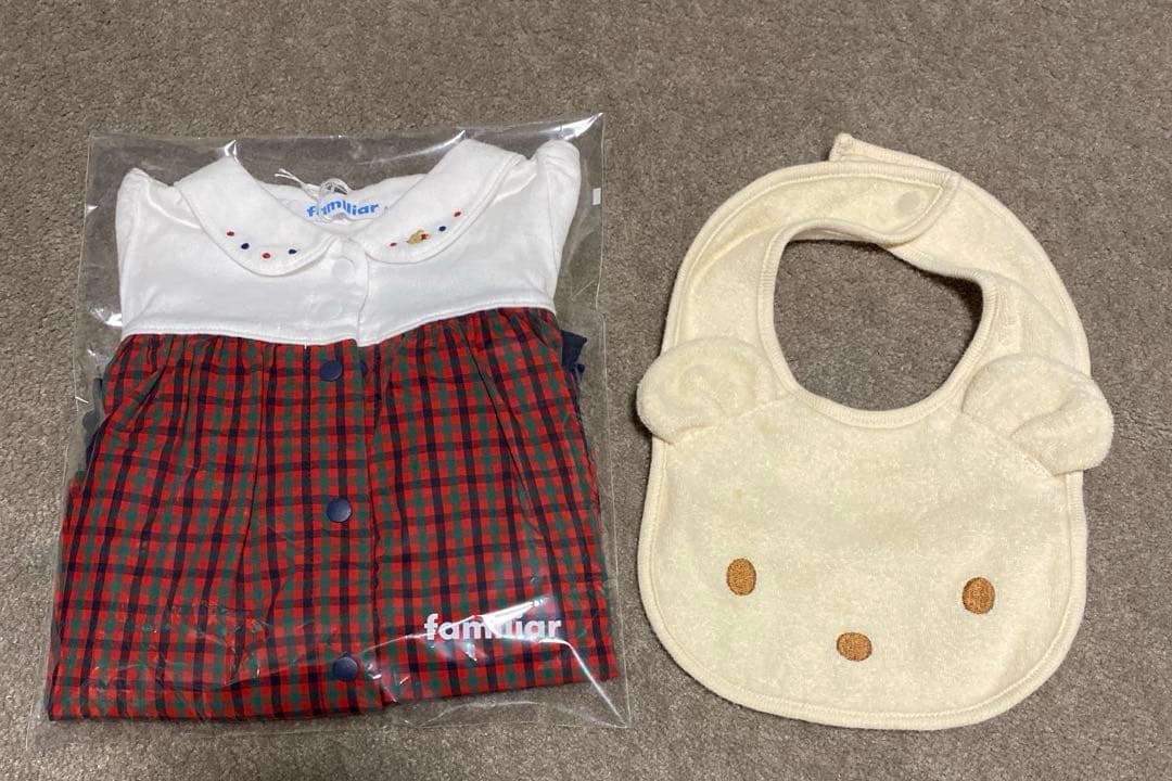 ファミリア ロンパース 半袖 赤チェック 60 スタイ