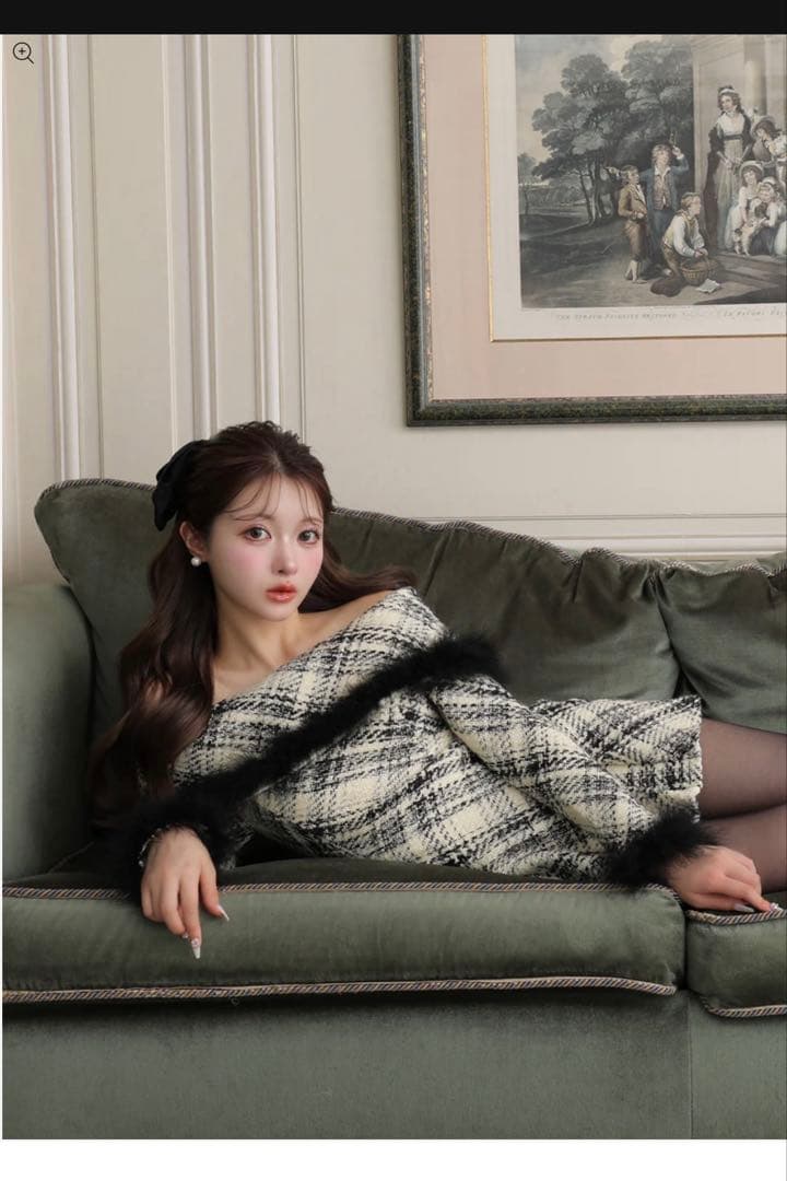 トップス Off shoulder roving check mini onepiece Seraphina Off-Shoulder Structured A-Line Mini Dress in Chocolate