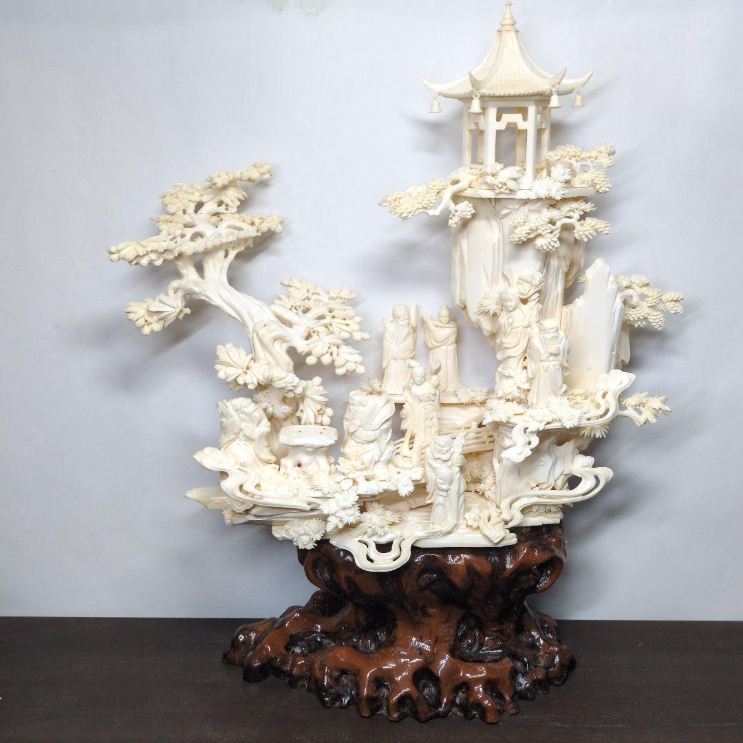 中国美術 八仙 桃源郷 細密彫刻 置物 高さ約42cm