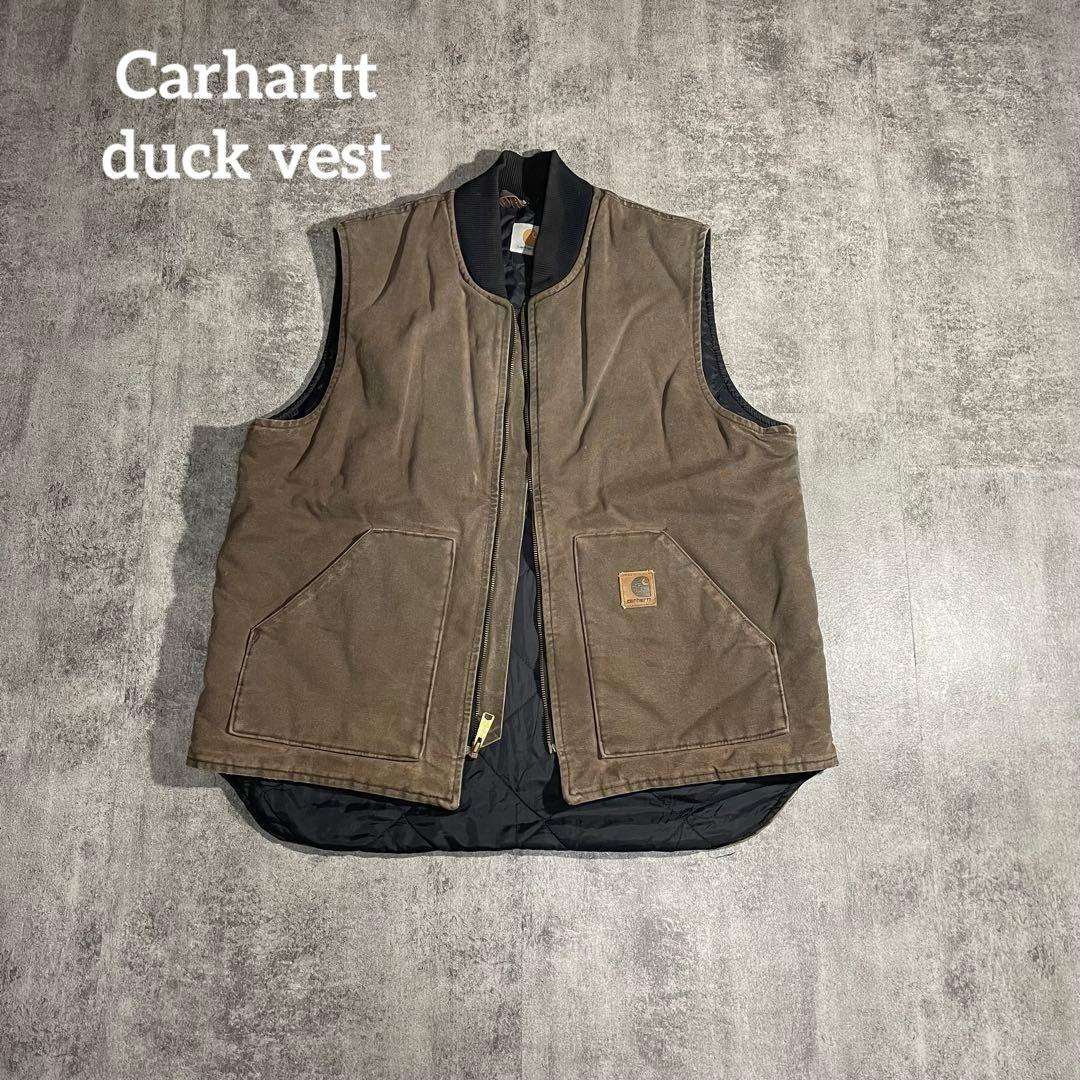 Carhartt ダックベスト古着キルティング ブラウン希少XLサイズ相当