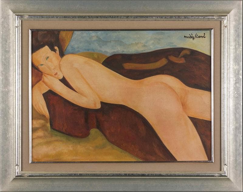 モディリアーニ　油彩　肉筆『横たわる裸婦』サイン　画廊シール　P8　額　b698