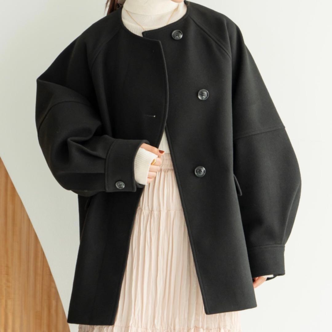 新品タグ付き hinari まる ウェーブデザインミドルコート ブラック F