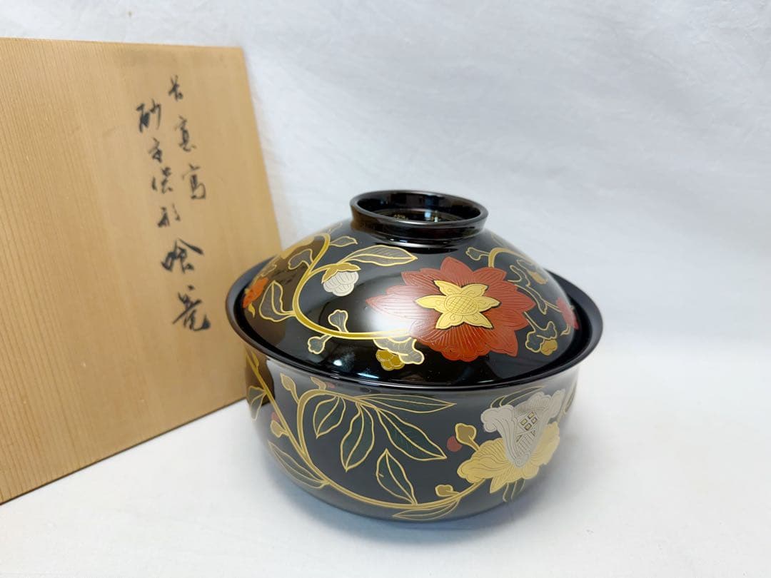 ほぼ未使用 茶道具 平安象彦 木製 長寛写 牡丹唐草 砂金袋形 喰籠菓子器 共箱