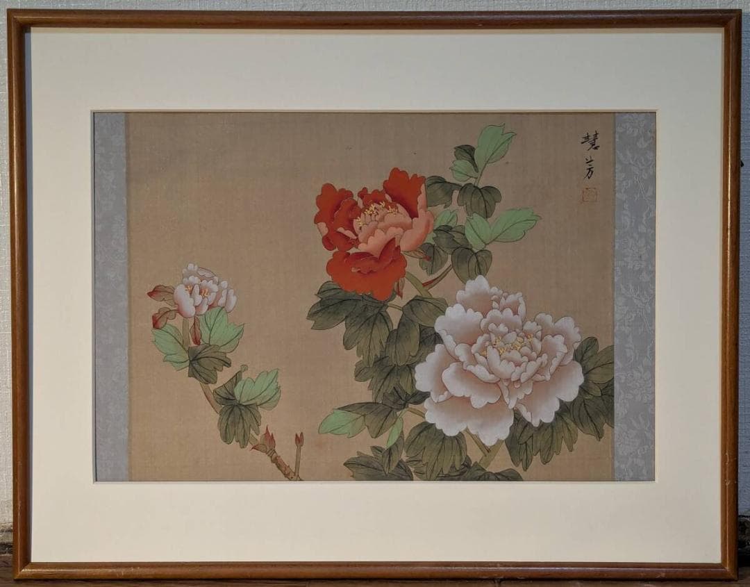 【真作】絵画　日本画　紅白牡丹図　優雅に咲き誇る花の美　牡丹花盛図　W183