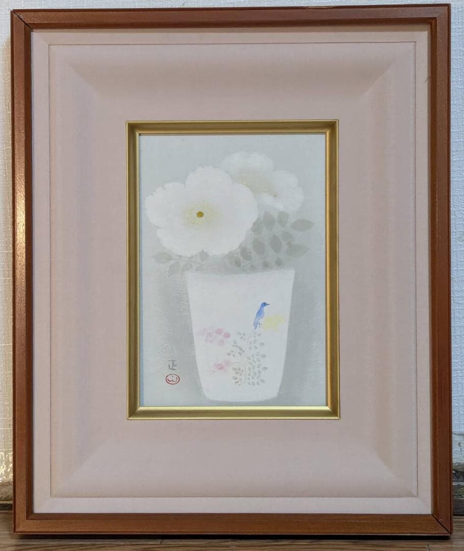 【真作】絵画 小栗正　日本画　マリーの白薔薇　優美な静物画　箱・黄袋入　Z43