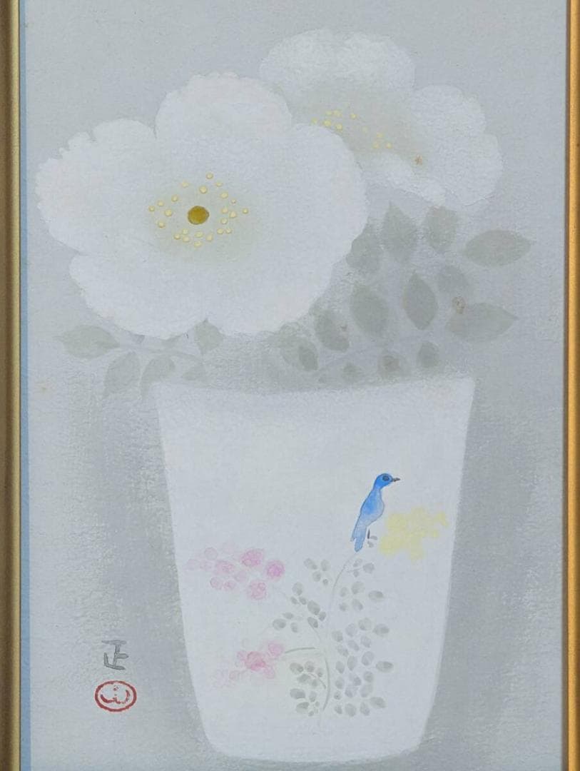 【真作】絵画 小栗正　日本画　マリーの白薔薇　優美な静物画　箱・黄袋入　Z43