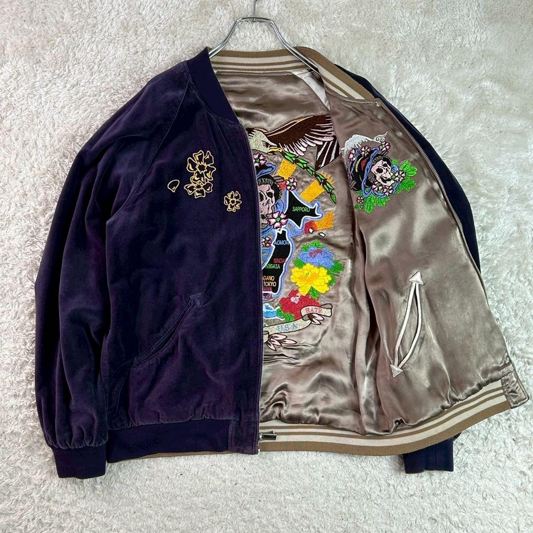 kuu 空 リバーシブル スカジャン 髑髏 鷹 富士 刺繍ベロア サテン L