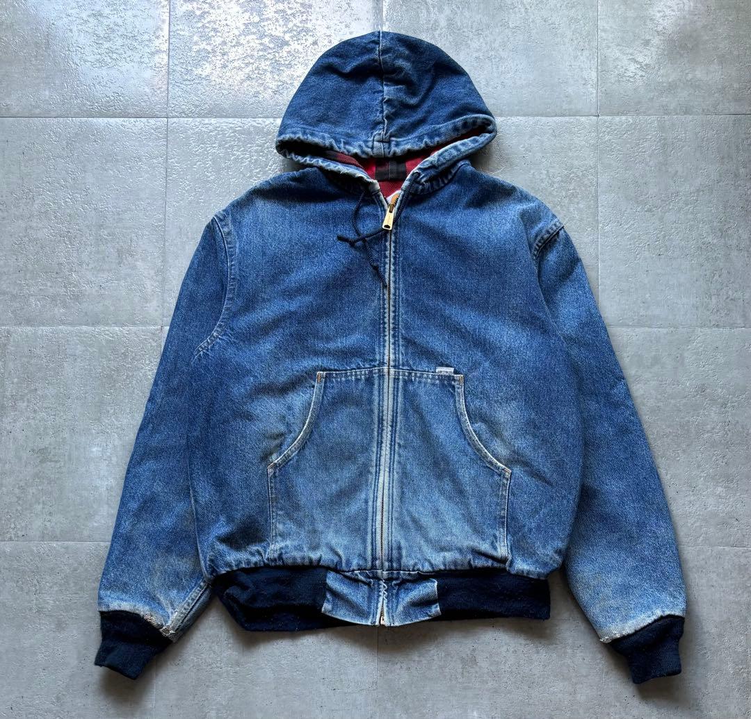 80s USA製　カーハート　デニムアクティブジャケット　Sサイズ　裏地チェック
